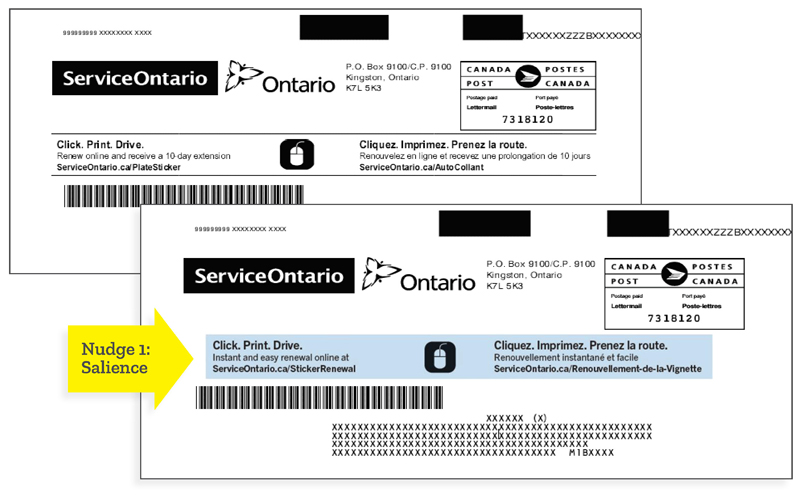 Image of a standard envelope for a licence plate sticker renewal notice and an image of a new behaviourally informed envelope for the notice. 