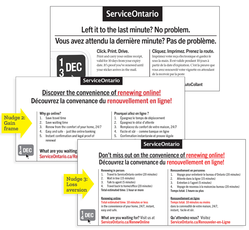 Images of three interiors of the licence plate sticker renewal notice. One is the standard notice and the others notices include gain frame messaging or loss aversion messaging.