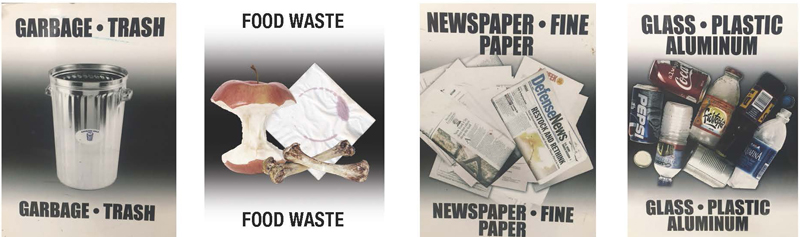 Image of a standard bin label for garbage.
Image of a standard bin label for food waste.
Image of a standard bin label for newspaper.
Image of a standard bin label for glass and plastic.