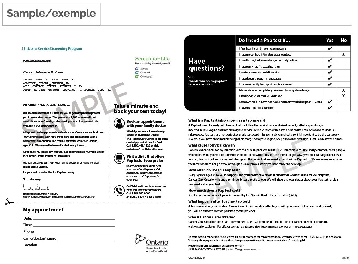 Sample image of front and back of the cervical screening invitation letter.