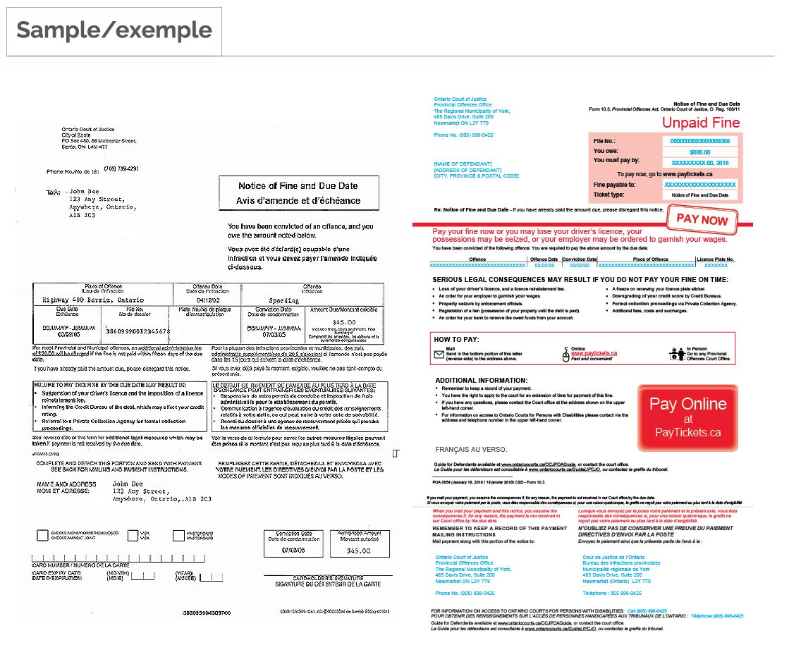 Sample images of Notice of Fine and Due Date (NFDD) forms.