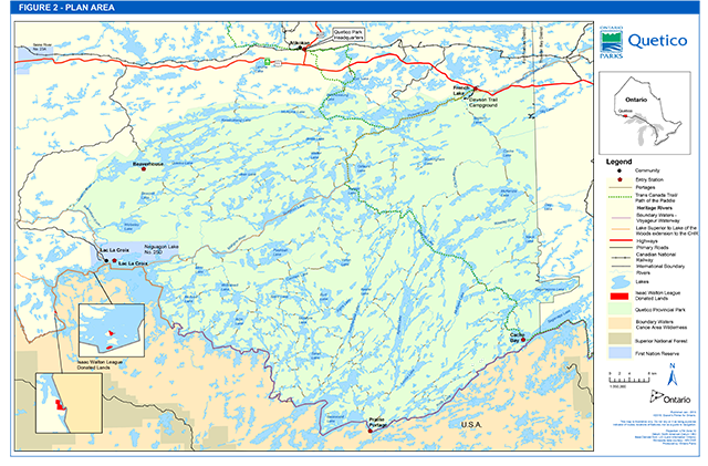 This maps shows that Quetico Provincial Park encompasses 4718 square kilometres (471,878 hectares) of rugged Canadian Shield with numerous lakes and streams. The southern boundary of the park lies on the Canada - U.S. boundary, alongside the Boundary Waters Canoe Area Wilderness (BWCAW) within the Superior National Forest. The community of the Lac La Croix First Nation, known as Zhingwaako Zaaga'iganing (Lake of the Pine Trees or Pine Tree Lake) abuts the southwest boundary of the park, where it spans 62.1 square kilometres along the northern shore of Lac La Croix. This community of approximately 350 people is home to the Lac La Croix First Nation, and serves as a western administrative area for the park. The Township of Atikokan with a population of 3,000 is located immediately north of Quetico, and serves as base for park administration.