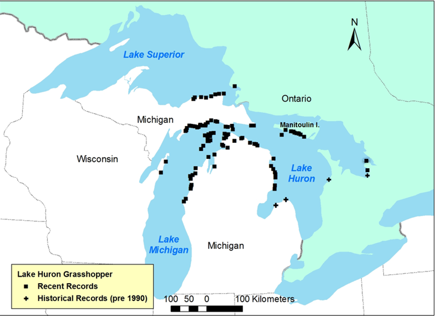 Global range of Lake Huron Grasshopper. Black squares indicate extant populations (observations within the last 20 years).