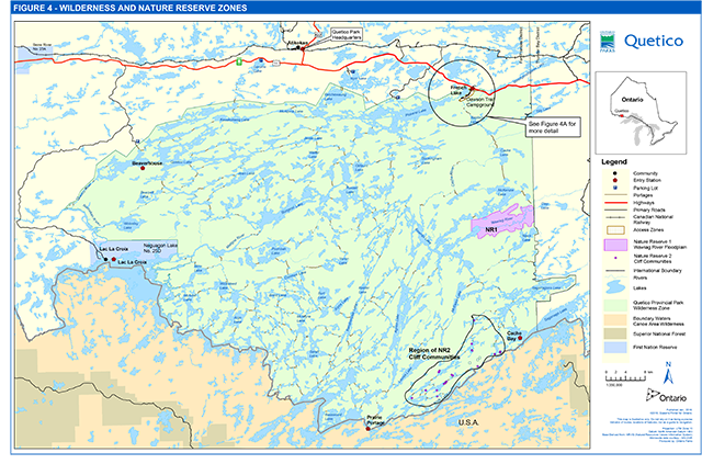 This map shows the wilderness (<abbr>W</abbr>) zone, which occupies all but about 4,279 ha of Quetico’s approximately 471,878 hectares. Wilderness zones (<abbr>W</abbr>) include wilderness landscapes of appropriate size and integrity which protect significant natural and cultural features and are suitable for wilderness experiences, as well as a protective buffer with an absolute minimum of development. Two nature reserve zones are also shown to protect significant earth and life science features which require management distinct from other zones. The NR1 Wawiag River Floodplain 4,976 ha protects an extremely rare and fertile area with a high number of rare plant species. The NR2 Basic Cliff Communities 33 ha protects provincially rare basic cliff communities on nine lakes in the southeast part of the park.