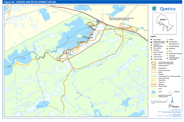 This map shows the Dawson Trail access zone in the northeast part of the park. This zone contains the Dawson Trail Campground with its associated facilities to support car camping and day use. The map also shows the H1 French Portage 36.2 ha which protects the historic French Portage and the site of Paul Kane’s 1846 painting “French River Rapids”.