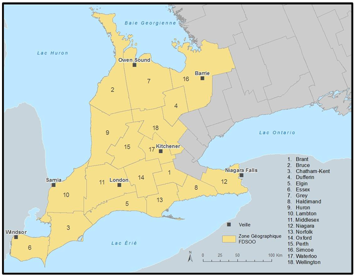 Le Sud-Ouest de l’Ontario comprend les 18 zones géographiques suivantes : Brant, Bruce, Chatham-Kent, Dufferin, Elgin, Essex, Grey, Haldimand, Huron, Lambton, Middlesex, Niagara, Norfolk, Oxford, Perth, Simcoe, Waterloo, Wellington