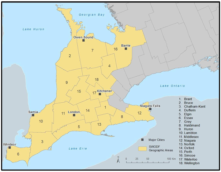 The graphic shows Southwestern Ontario which includes the following 18 geographic areas: Brant, Bruce, Chatham-Kent, Dufferin, Elgin, Essex, Grey, Haldimand, Huron, Lambton, Middlesex, Niagara, Norfolk, Oxford, Perth, Simcoe, Waterloo, Wellington