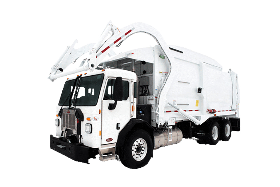 This is a picture of a front-loading compacting truck. The forks on the front of the truck lift containers over the driver's cab to dump the contents into the top of the truck.