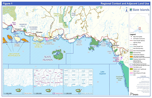 This map shows the general location of Slate Islands Provincial Park in the context of Lake Superior's north shore stretching from the community of Pays Plat in the west to Pukaskwa National Park in the east.