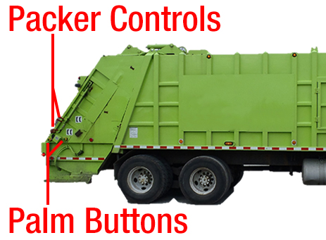 This picture shows the side controls of a rear loading compacting truck. The packer controls and the palm buttons are shown.