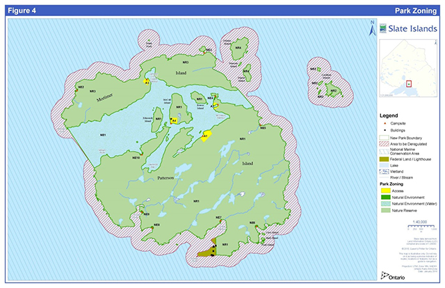 This map shows the various zoning applications as described within the management plan spatially within the park. This map also shows the outer waters of the park to be de-regulated from the provincial park system for transfer to federal jurisdiction for management as the Lake Superior National Marine Conservation Area.