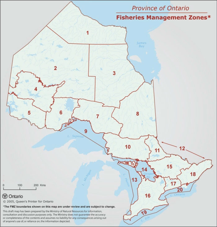 This map shows the locations of Ontario’s 20 fisheries management zones, from FMZ 1 in extreme northern Ontario to Lake Ontario which is FMZ 20.