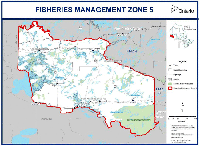 Figure 1. Fisheries Management Zone (FMZ) 5 boundaries with Specially Designated Waterbodies (SDW's) identified