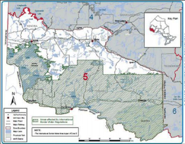 Figure 2. Current area within Fishing Management Zone (FMZ) 5 with reduced walleye and lake trout daily catch limits for non-resident anglers with sport fishing licences (Border Water Regulation area).
