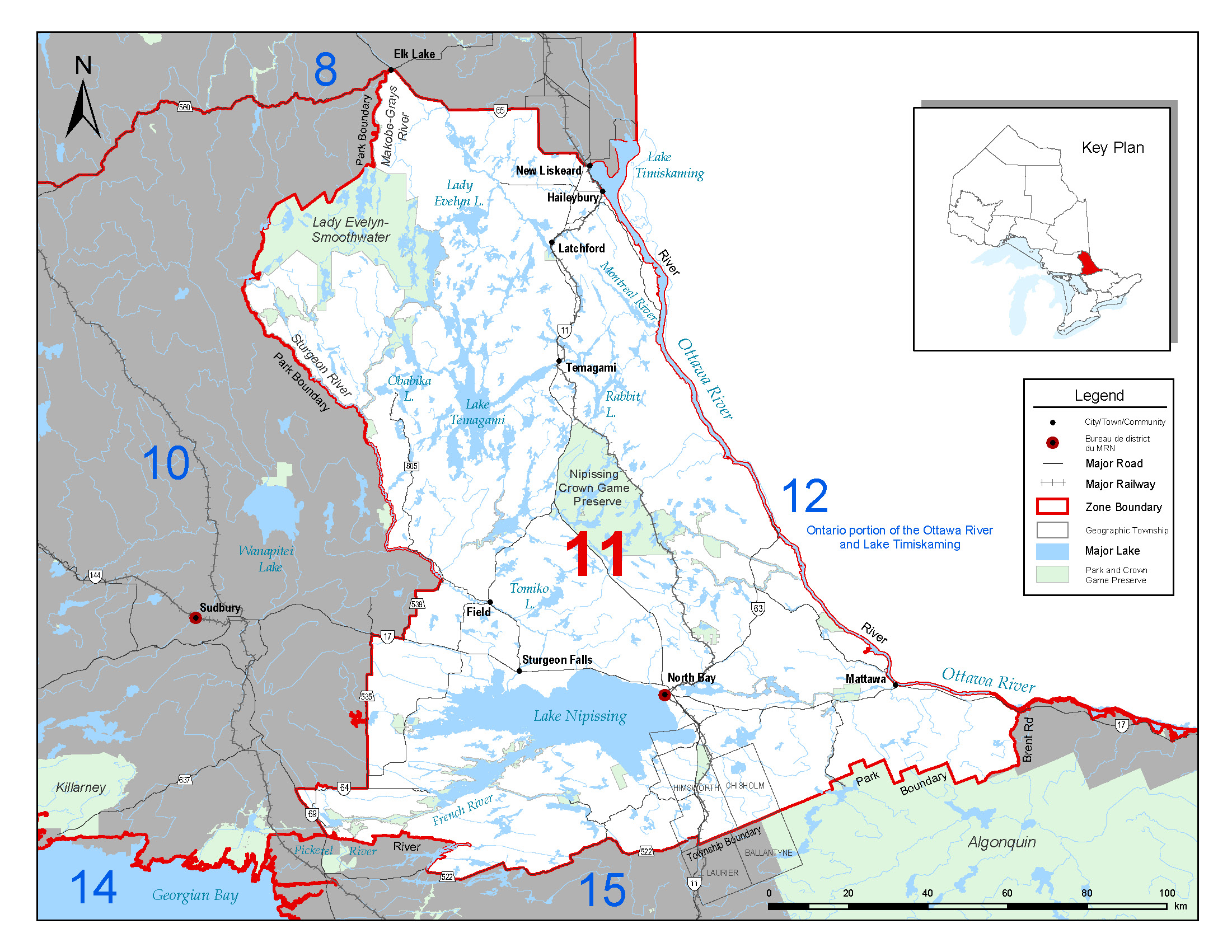 Carte de l’emplacement des eaux spécialement désignées du lac Nipissing dans la zone de gestion des pêches 11