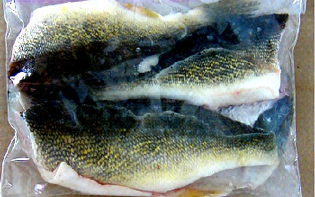 photo of properly a packaged fish fillet with skin visible.