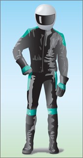 Drawing of person with motorcycle helmet and leather protective clothing