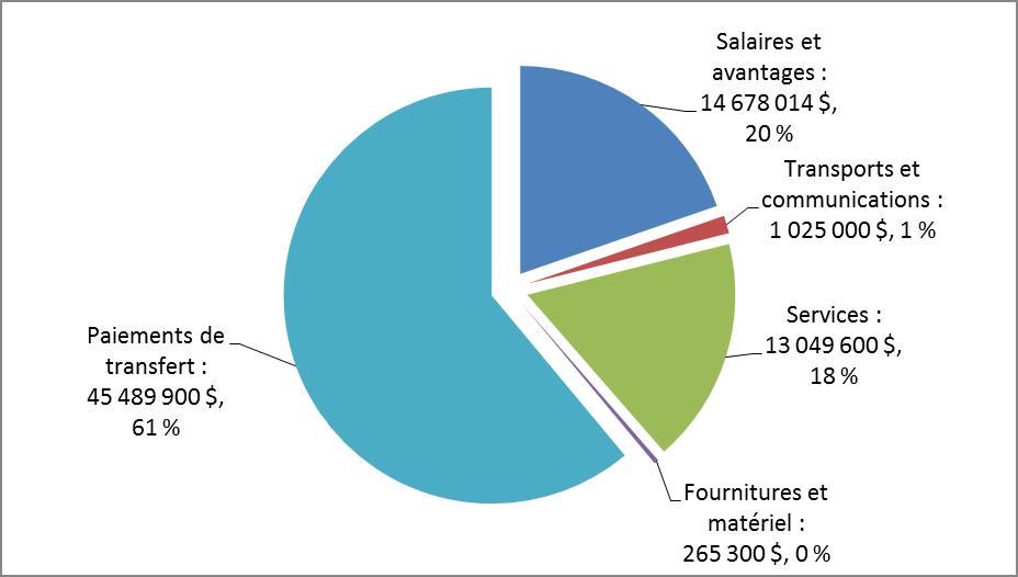 Répartition des dépenses de base du ministère 2015-2016 (74,5 millions de dollars) par catégorie de dépenses