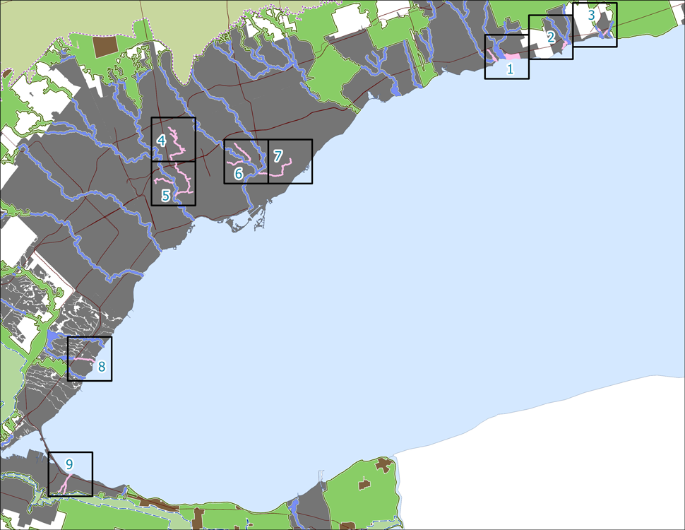 La carte détaillée montrant les zones proposées de vallées fluviales urbaines est divisée en régions géographiques plus petites