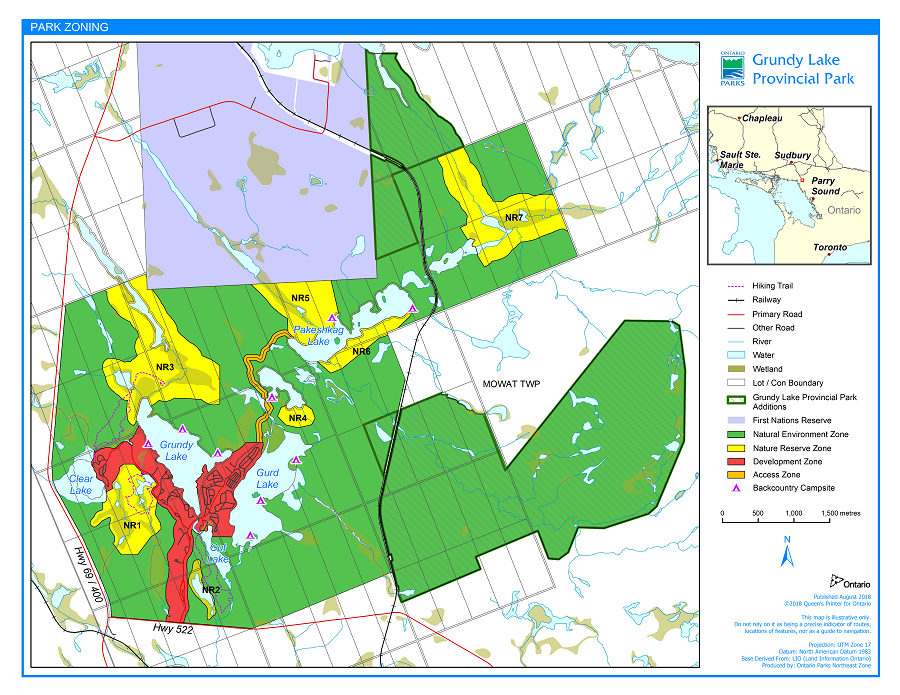 Map of Grundy Lake Provincial Park showing zoning including a development zone, an access zone, a natural environment zone and six nature reserve zones.