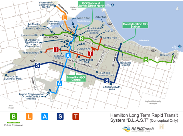 A map illustrating the Hamilton Long Term Rapid Transit System.