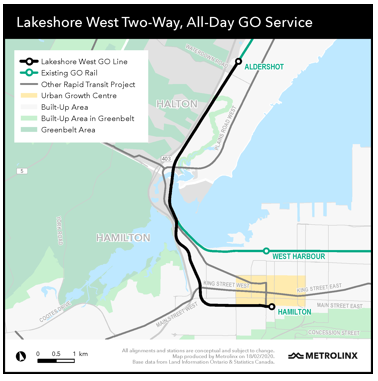 A map of the proposed Lakeshore west two-way all-day system. 