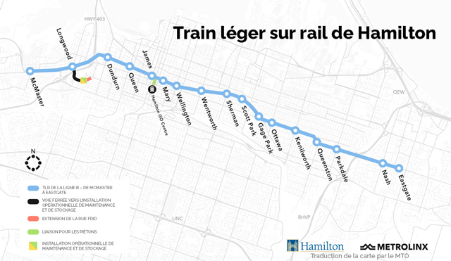 Carte du train léger sur rail de Hamilton 