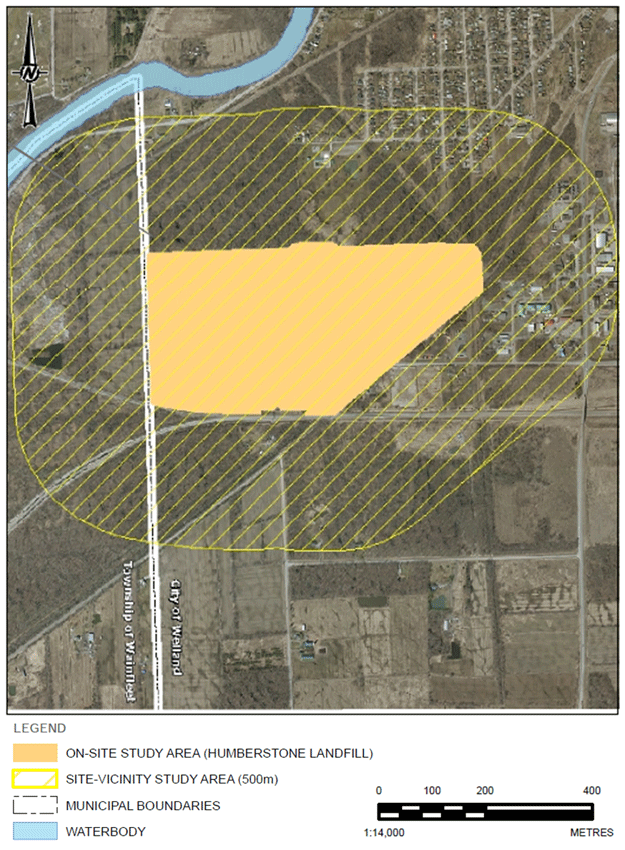 Map showing the location of the Humberstone landfill and surrounding 500m site-vicinity study area, as well as adjacent water bodies and municipal boundaries.