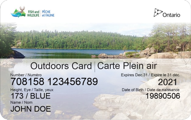 image of a sample Outdoors Card. Card includes Card number, expiry date, height and eye colour of cardholder, cardholder’s name and date of birth.