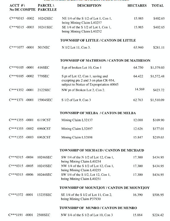 Title: An image of the Table of lands and/or mining rights open for staking under the Mining Act - Description: A photocopied image of the Mining Act. 
Table containing list of lands and/or mining rights open for staking (with account numbers, PIN, descriptions and hectares) under the Mining Act
