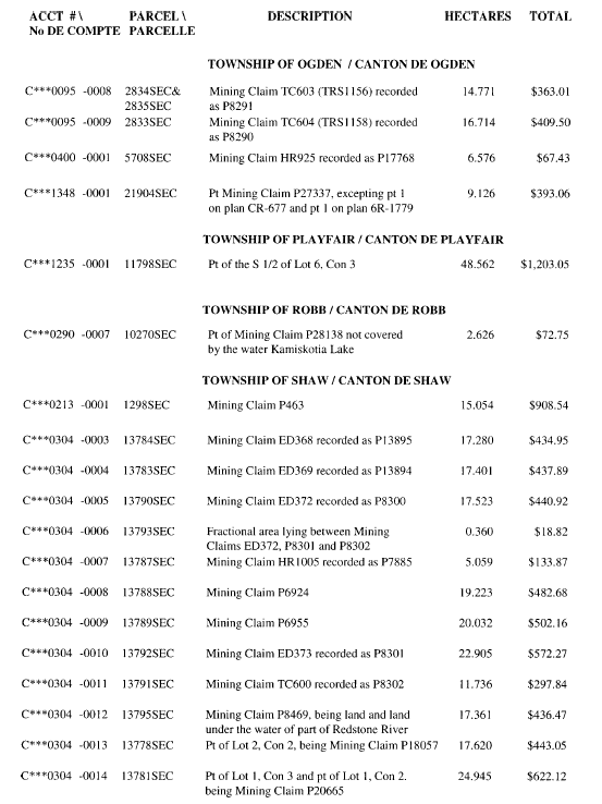 Title: An image of the Table of lands and/or mining rights open for staking under the Mining Act - Description: A photocopied image of the Mining Act. 
Table containing list of lands and/or mining rights open for staking (with account numbers, PIN, descriptions and hectares) under the Mining Act
