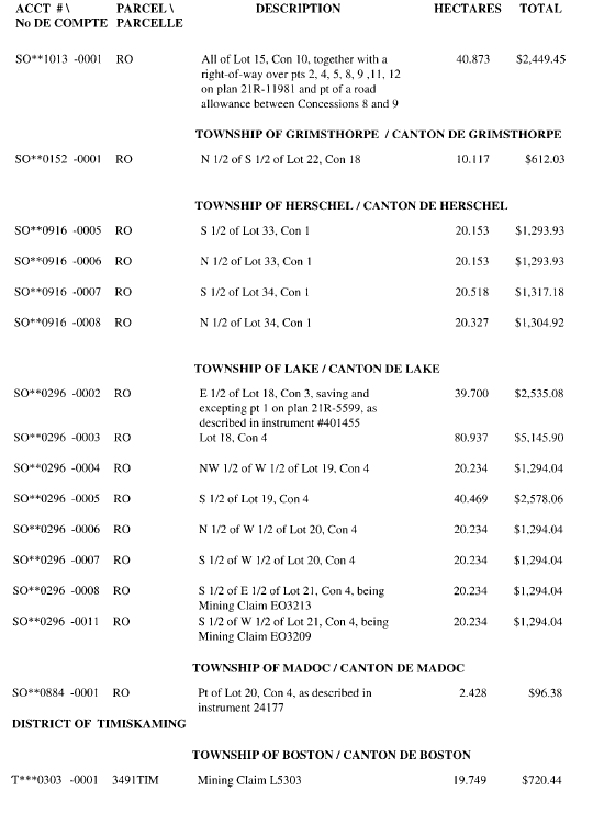 Title: An image of the Table of lands and/or mining rights open for staking under the Mining Act - Description: A photocopied image of the Mining Act. 
Table containing list of lands and/or mining rights open for staking (with account numbers, PIN, descriptions and hectares) under the Mining Act
