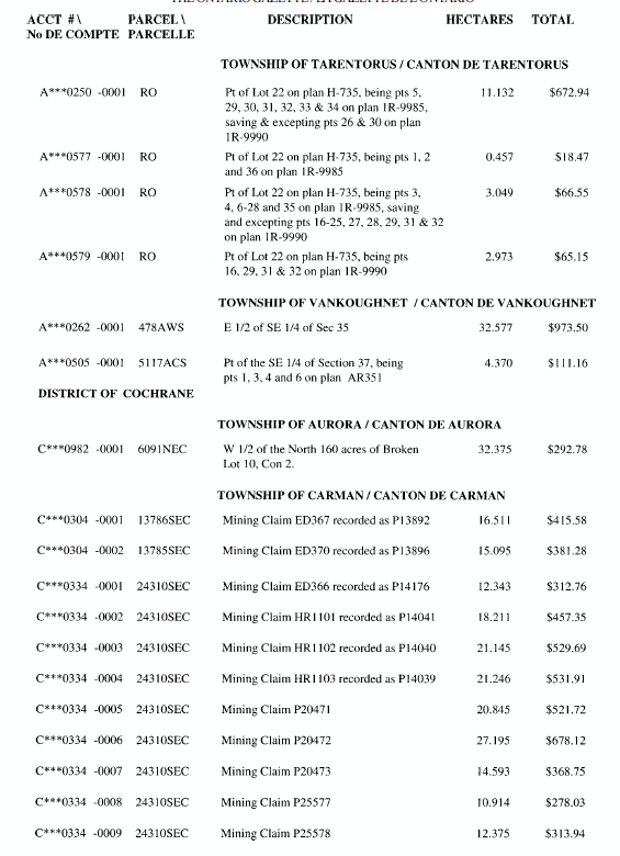 Title: An image of the Table of lands and/or mining rights open for staking under the Mining Act - Description: A photocopied image of the Mining Act. 
Table containing list of lands and/or mining rights open for staking (with account numbers, PIN, descriptions and hectares) under the Mining Act
