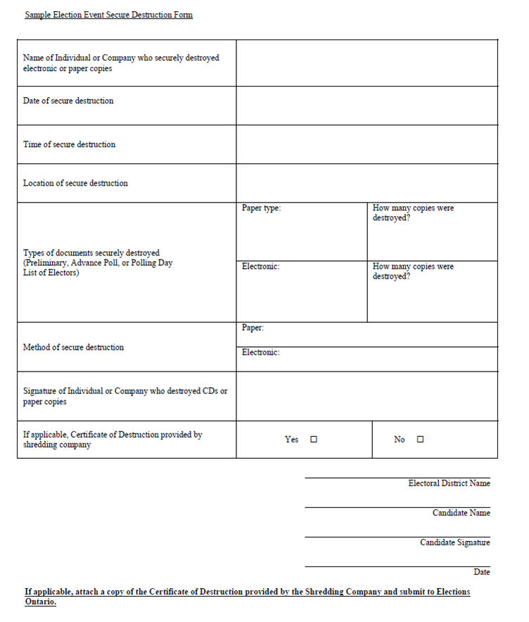 Sample Election Event Secure Destruction Form