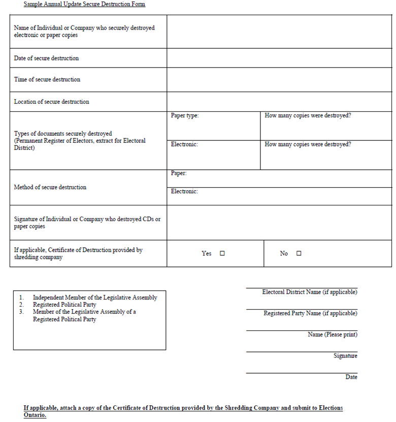 Sample Annual Update Secure Destruction Form