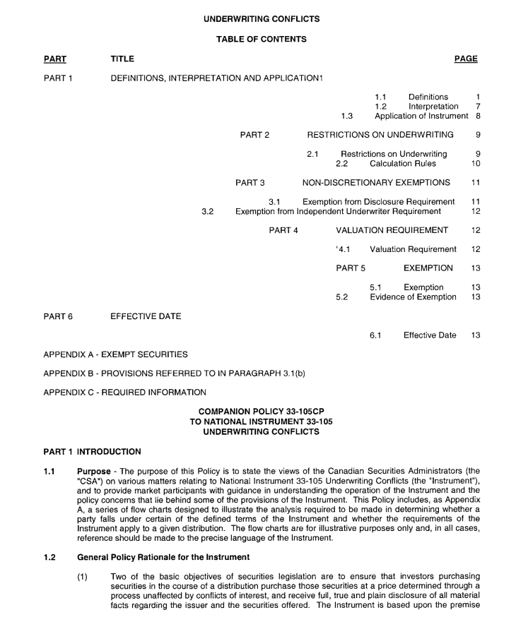 Title: Ontario Securities Commission - Description: National Instrument 33-105 Underwriting Conflicts(9)
