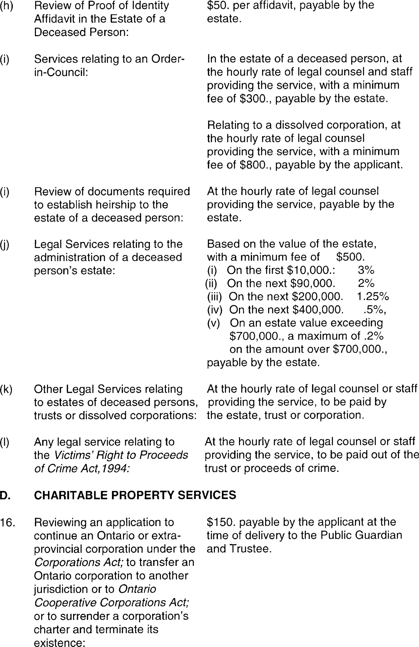 Photocopy of Fees of the Public Guardian and Trustee (pursuant to s. 8(2) of the Public Guardian and Trustee Act, R.S.O 1990, c. P.51, as amended)