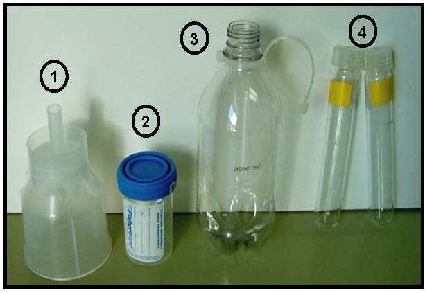 A series of water sampling tools. From left to right 1. one 80 micron funnel with filter 2. one small blue-capped sample jar 3. one sample collection bottle 4. two glass sample tubes