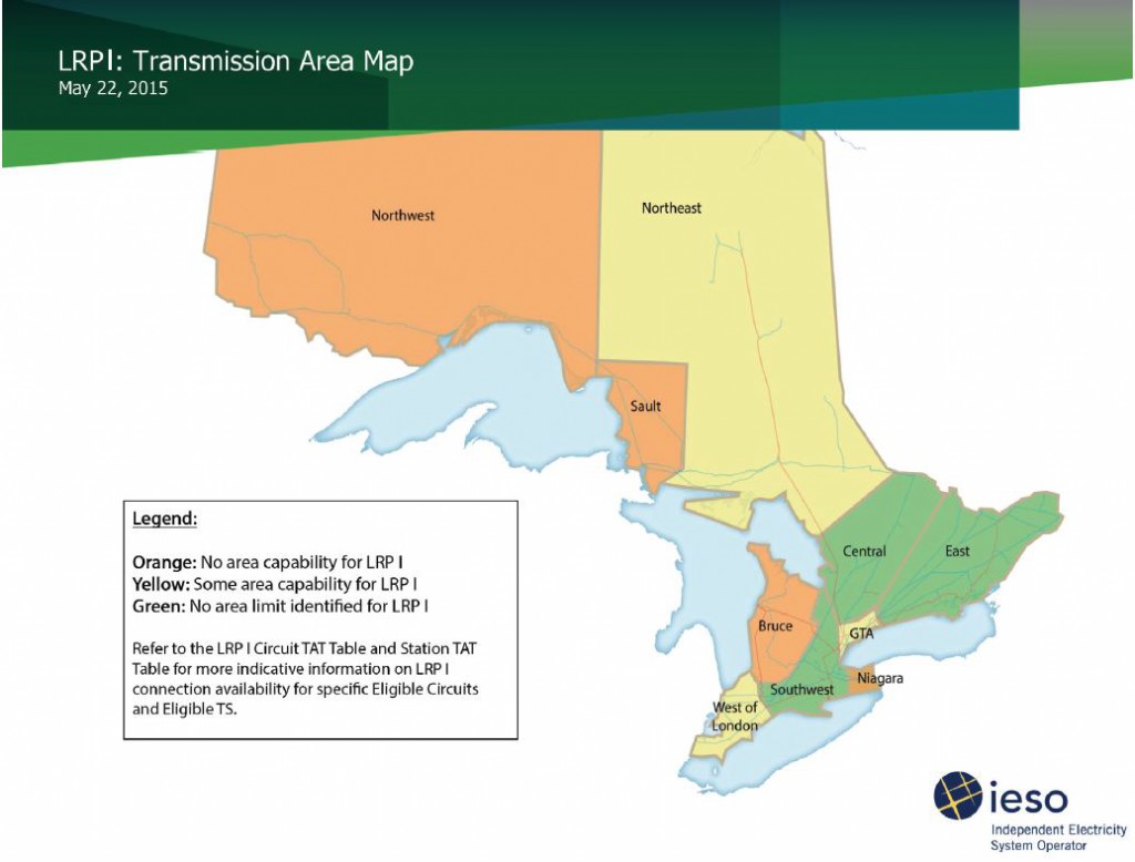 Map showing Large Renewable Procurement areas of Ontario.