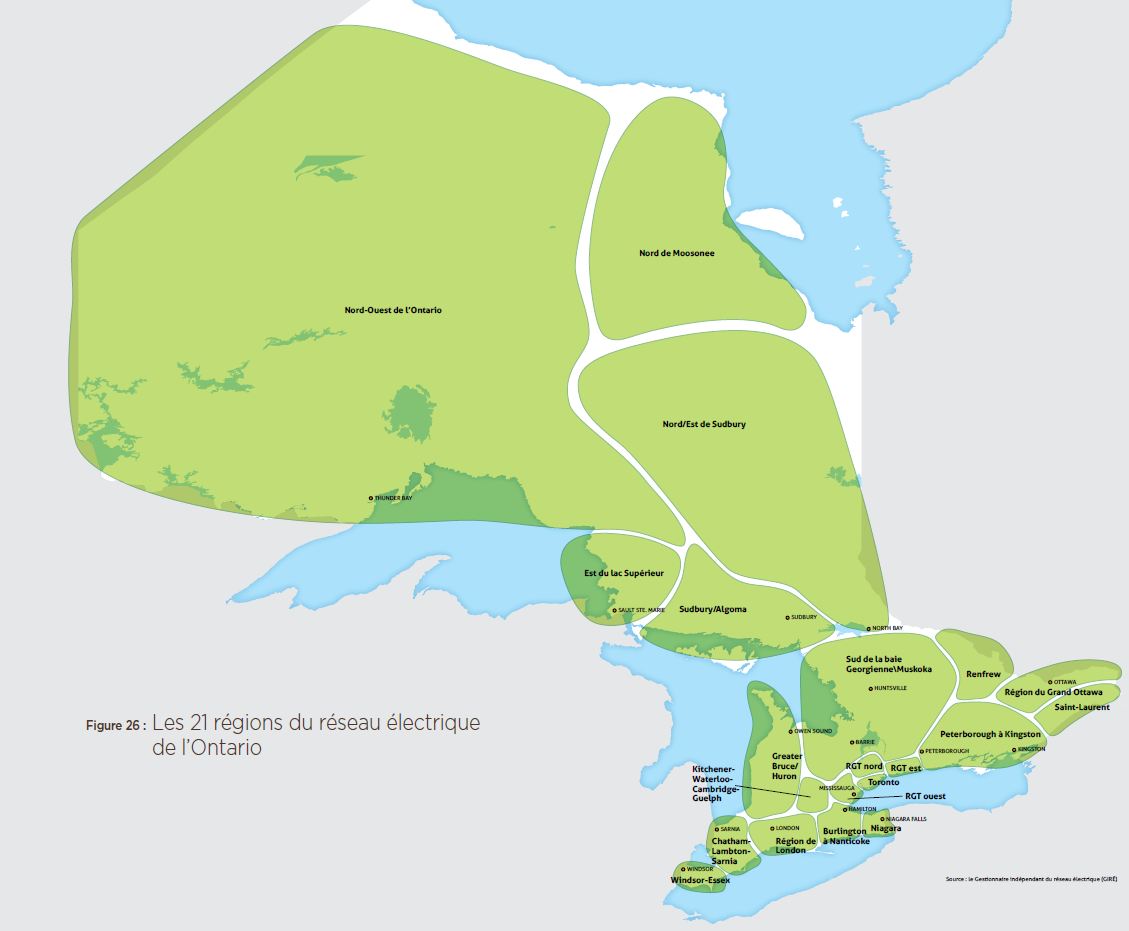 Figure 26 : Les 21 régions du réseau électrique de l’Ontario.