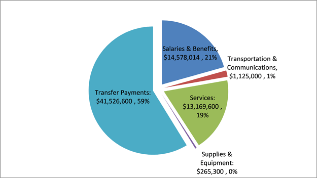 Title: Ministry Allocation of 2014-15 Base Spending ($70.7 million) by Standard Account - Description: Transfer Payments=$41,526,600 (59%)Salaries and Benefits=$14,578,014 (21%)Services=$13,169,600 (19%)Transportation and Communications=$1,125,000 (1%)Supplies and Equipment=$265,300 (0%)