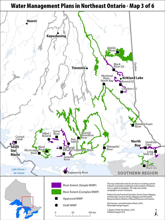 The map displays the locations and river extents for Simple and Complex Water Management Plans, both approved and in draft status within Northeastern Ontario, east of the settlements of Sault Ste. Marie and Timmins.
Reference settlements of note include: Sault Ste. Marie, Hearst, Kapuskasing, Timmins, Kirkland Lake and North Bay.
The map displays the locations and extents of the following approved Simple Water Management Plans, in alphabetical order: Black River Generating Station, Charlton Generating Station, Crystal Creek, Hurdman Dam, Kagawong River, Long Slide Generating Station, Misema Generating Station, Serpent River, Sister River, and Stanleigh Effluent Treatment Plant.
The map displays the locations and extents of the following Simple Water Management Plans in draft status, in alphabetical order: Aux Sables and Mikel / Boland.
The map displays the locations and extents of the following approved Complex Water Management Plans in alphabetical order: Abitibi River, Blind River, Matabitchuan River, Mississagi River, South River Generating Station, and Wanapitei River.
The map displays the locations and extents of the following Complex Water Management Plans in draft status, in alphabetical order: Montreal River - North Bay and Spanish Vermilion River.
This map was published in September of 2016 and includes data obtained from Land Information Ontario (LIO) and individual Water Management Plans.