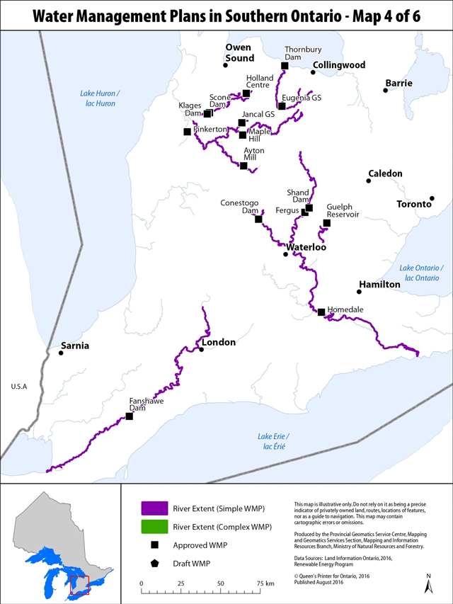 The map displays the locations and river extents for Simple Water Management Plans within Southern Ontario, east of the settlement of Sarnia and west of Toronto. There are no Complex Water Management Plans depicted in this map.
Reference settlements of note include: Sarnia, London, Owen Sound, Waterloo, Collingwood, Hamilton, Caledon, Barrie and Toronto.
The map displays the locations and extents of the following approved Simple Water Management Plans, in alphabetical order: Ayton Mill, Conestogo Dam, Eugenia Generating Station, Fanshawe Dam, Fergus, Guelph Reservoir, Holland Centre, Homedale, Jancal Generating Station, Klages Dam, Maple Hill, Pinkerton, Scone Dam, Shand Dam (Bellwood), Thornbury Dam.
This map was published in September of 2016 and includes data obtained from Land Information Ontario (LIO) and individual Water Management Plans.