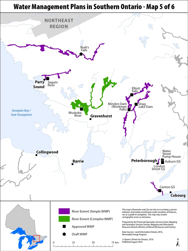 The map displays the locations and river extents for Simple and Complex Water Management Plans within Southern Ontario, east of the settlement of Collingwood.
Reference settlements of note include: Collingwood, Parry Sound, Barrie, Gravenhurst, Peterborough and Cobourg.
The map displays the locations and extents of the following approved Simple Water Management Plans in alphabetical order: Auburn Generating Station, Canton Generating Station, Drag Lake Dam, Elliott Falls, London Street, Minden Dam (Workman Falls), Seguin River, and Water Street Pump House.
The map displays the location and extent of the following Simple Water Management Plan in draft status: Burk’s Falls.
The map displays the location and extent of the following Complex Water Management Plan: Muskoka River.
This map was published in September of 2016 and includes data obtained from Land Information Ontario and individual Water Management Plans.