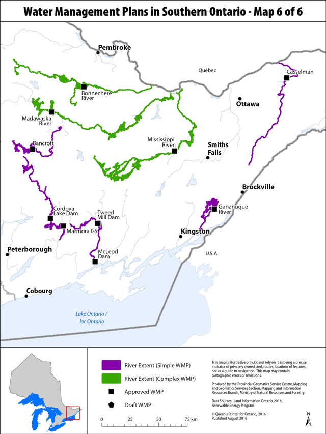 The map displays the locations and river extents for Simple and Complex Water Management Plans within Southern Ontario, east of the settlement of Peterborough.
Reference settlements of note include: Peterborough, Cobourg, Pembroke, Kingston, Smith Falls, Ottawa and Brockville.
The map displays the locations and extents of the following approved Simple Water Management Plans in alphabetical order: Bancroft, Casselman, Cordova Lake Dam, Gananoque River, Marmora Generating Station, McLeod Dam, and Tweed Mill Dam.
The map displays the locations and extents of the following approved Complex Water Management Plans in alphabetical order: Bonnechere River, Madawaska River, and Mississippi River.
This map was published in September of 2016 and includes data obtained from Land Information Ontario and individual Water Management Plans.