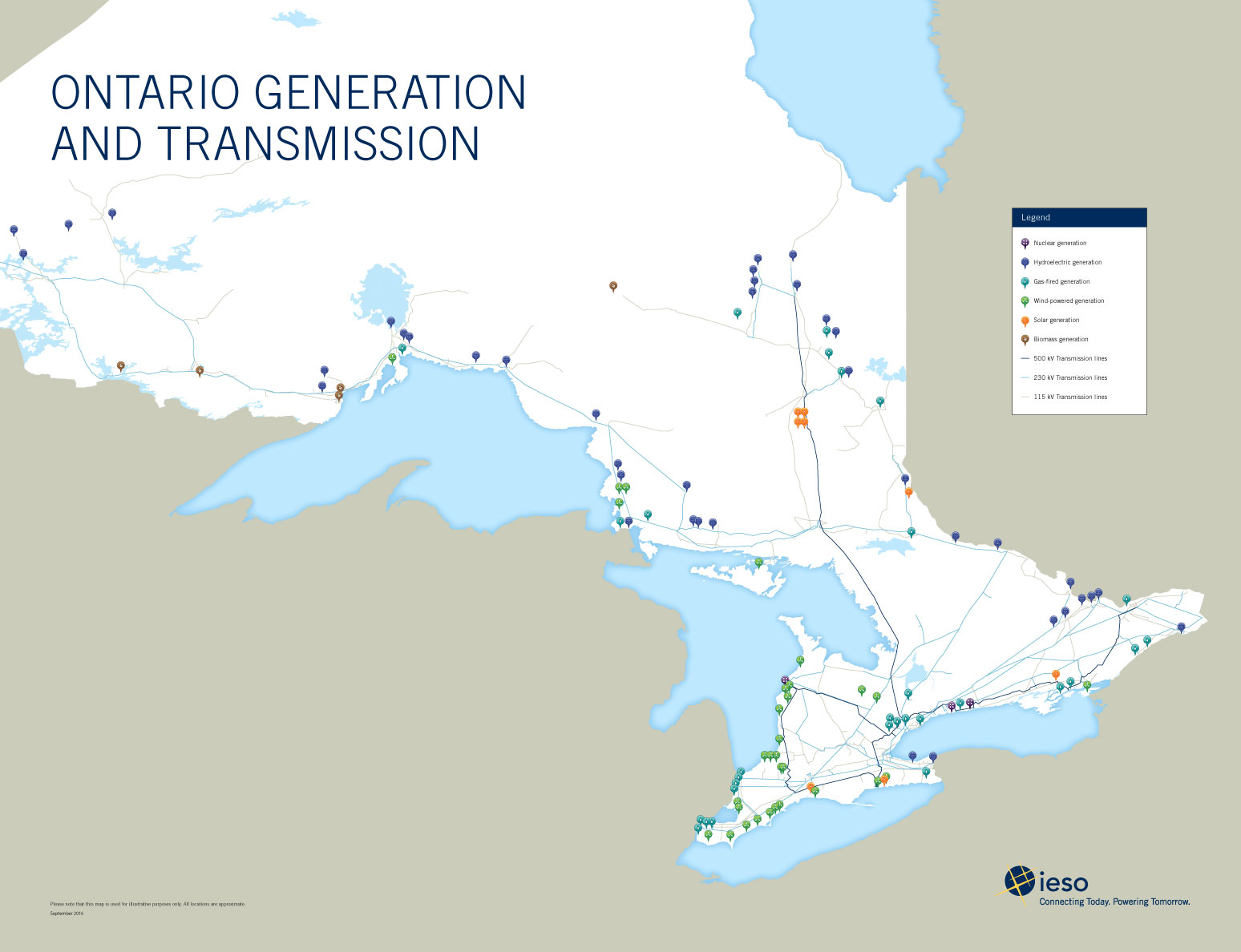 A map of Ontario showing how electricity is transmitted around the province.