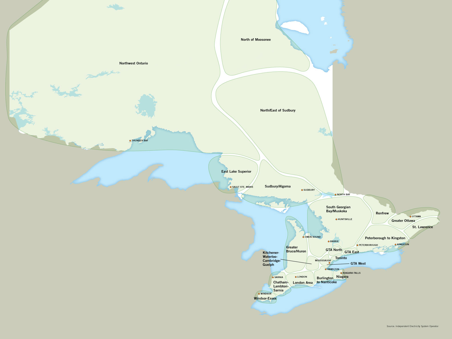 A map of Ontario showing the various energy regions