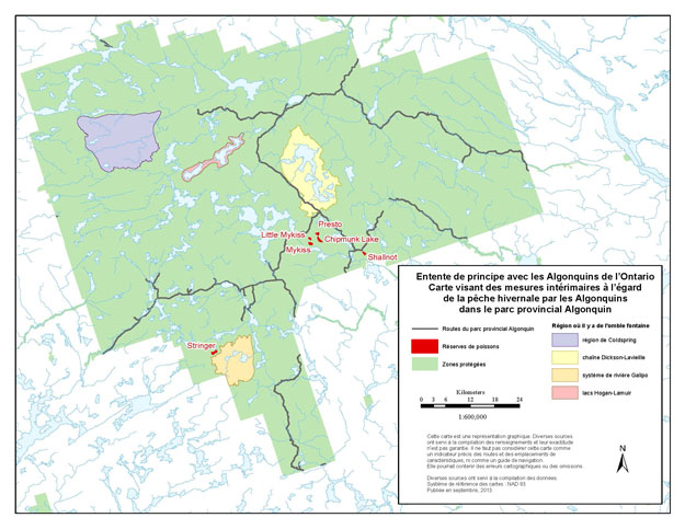 Entente de principe proposée avec les Algonquins de l’Ontario – Carte visant des mesures intérimaires à l’égard de la pêche hivernale par les Algonquins dans le parc provincial Algonquin. La carte comprend une légende montrant les routes du parc provincial Algonquin, les réserves de poissons, les zones protégées et la région où il y a de l’omble fontaine : la région de Coldspring, la chaîne Dickson-Lavieille, le système de rivière Galipo et les lacs Hogan-La Muir.