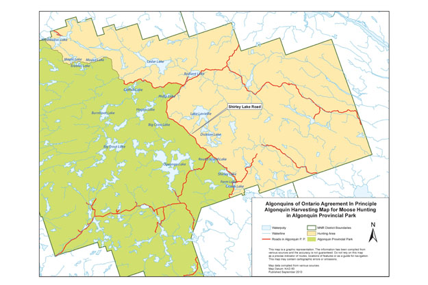 Algonquins of Ontario Agreement In Principle Algonquin Harvesting Map for Moose Hunting in Algonquin Provincial Park. The map includes a legend with Waterbody, Watercourse, Roads in Algonquin P. P., MNR District Boundaries, Hunting area and Algonquin Provincial Park.