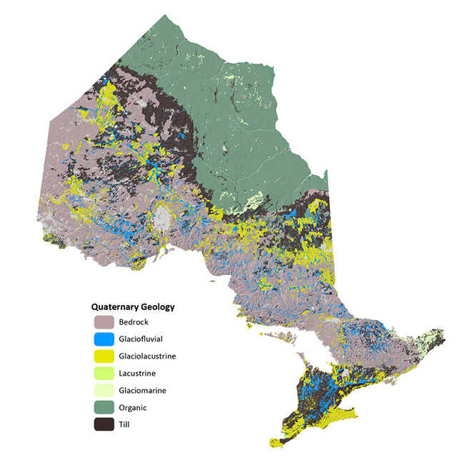 a map of Ontario’s soil types including bedrock, glaciofluvial, glaciolacustrine, lacustrine, glaciomarine, organic, and till.